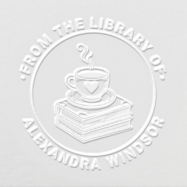 Heart Coffee Cup on Book Stack Library Book Name Embosser (Design)
