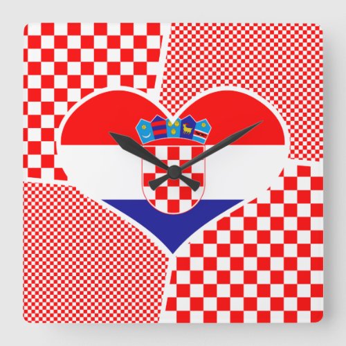 Heart Collage Croatian Flag With Checkers Square Wall Clock