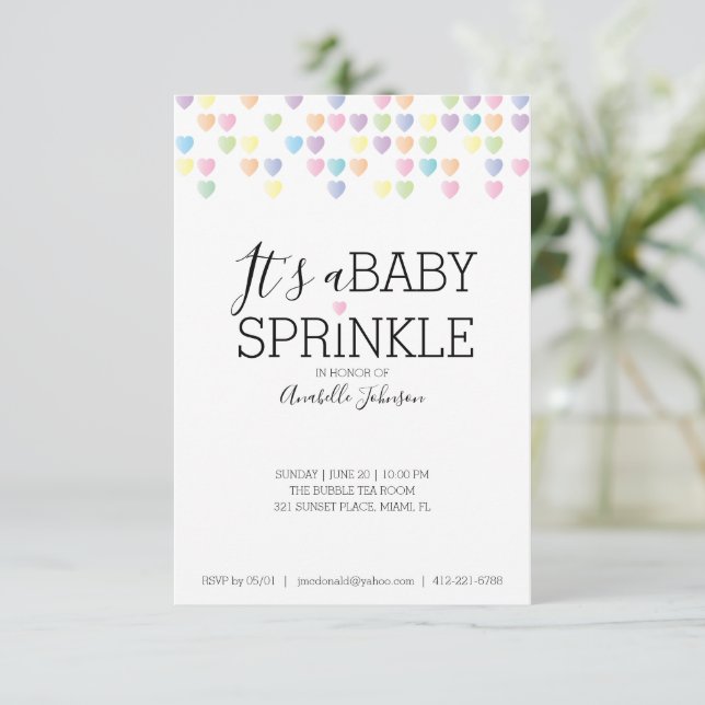 heart confetti BABY SPRINKLE pastel rainbow shower Invitation (Standing Front)