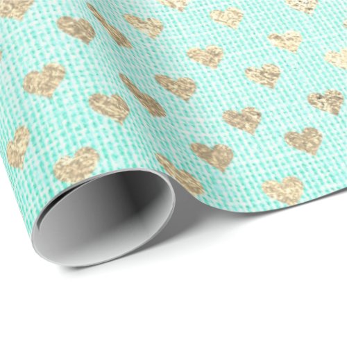 Heart Confetti Metallic Tiffany Aqua Gold Linen Wrapping Paper
