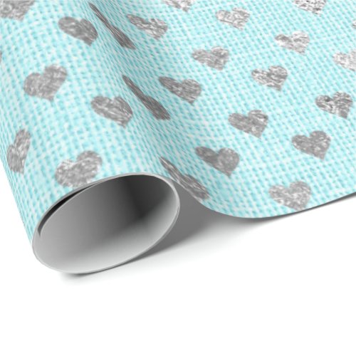 Heart Confetti Metallic Tiffany Aqua Silver Linen Wrapping Paper