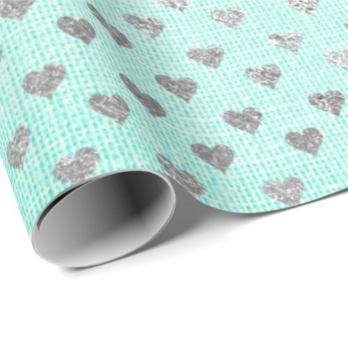Heart Confetti Metallic Tiffany Aqua Silver Linen Wrapping Paper