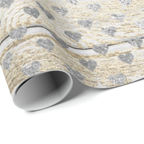 Heart Confetti Metallic White Gold Wood Silver Wrapping Paper