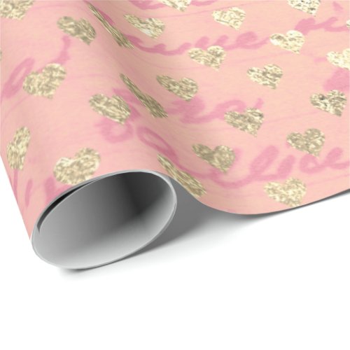 Heart Confetti Pastel Gold Pink Rose Rose Script Wrapping Paper