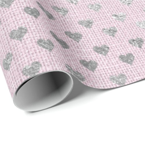 Heart Confetti Pastel Silver Pink Rose Girly Linen Wrapping Paper