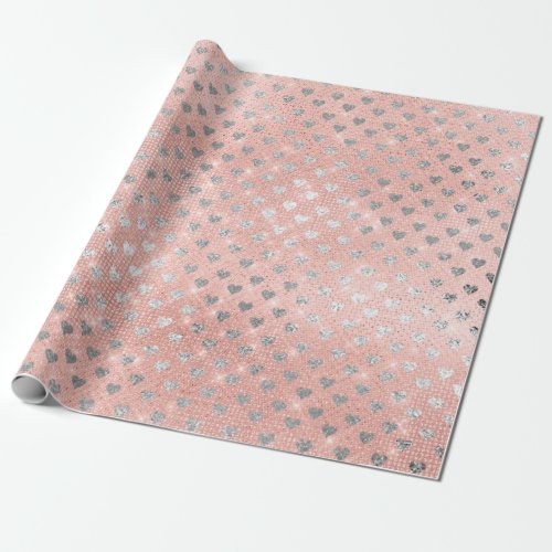 Heart Confetti Sparkly Sequin Silver Pink Rose Wrapping Paper