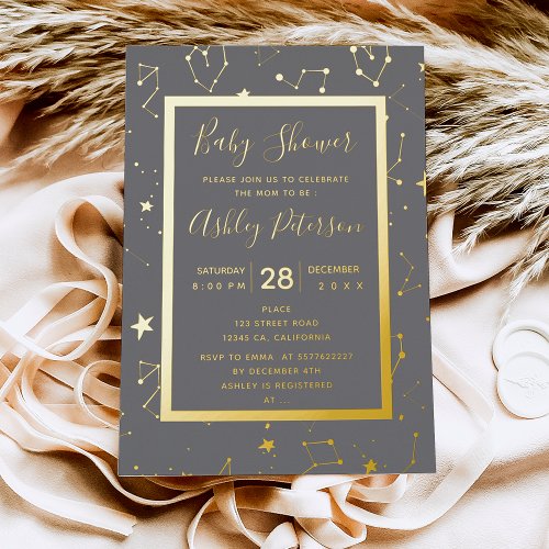 Heart constellation stars gray baby shower foil invitation