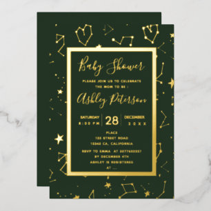 Heart constellation stars green baby shower foil invitation