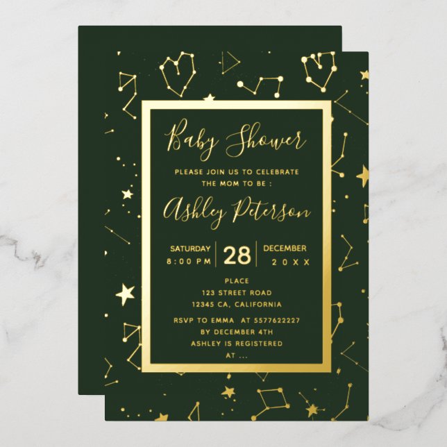 Heart constellation stars green baby shower foil invitation (Front/Back)