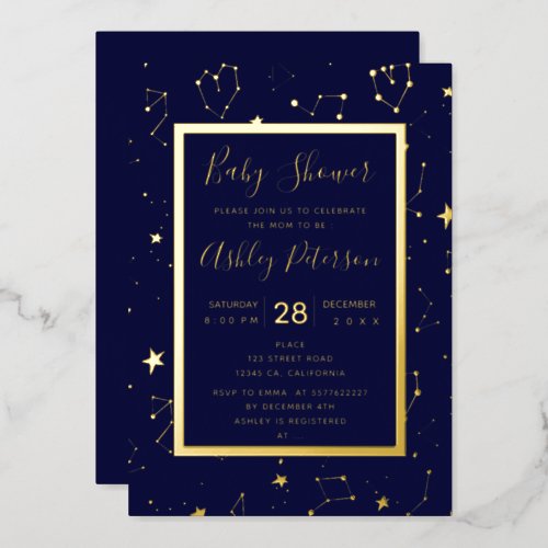 Heart constellation stars navy blue baby shower foil invitation