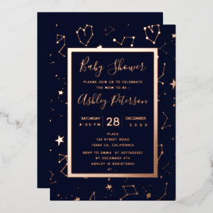 Heart constellation stars navy blue baby shower foil invitation