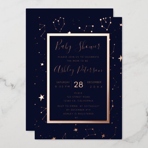 Heart constellation stars navy blue baby shower  foil invitation