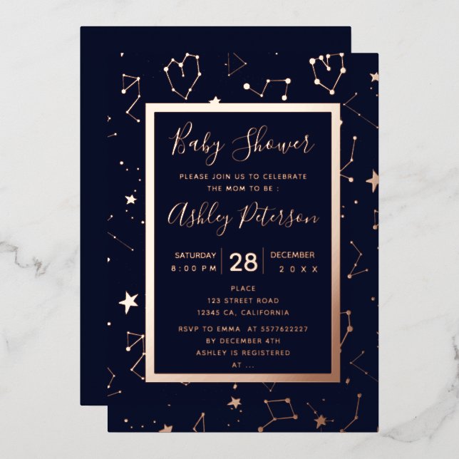Heart constellation stars navy blue baby shower  foil invitation (Front/Back)