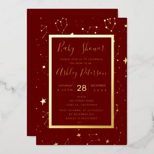 Heart constellation stars red baby shower foil invitation