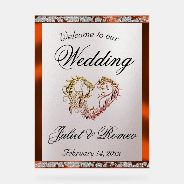 Heart, Copper Ribbon & Sparkle Welcome Acrylic Sign (Front)