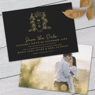 Heart crown crest black gold photo wedding save the date