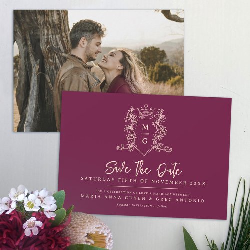 Heart crown crest wine red peach photo wedding save the date