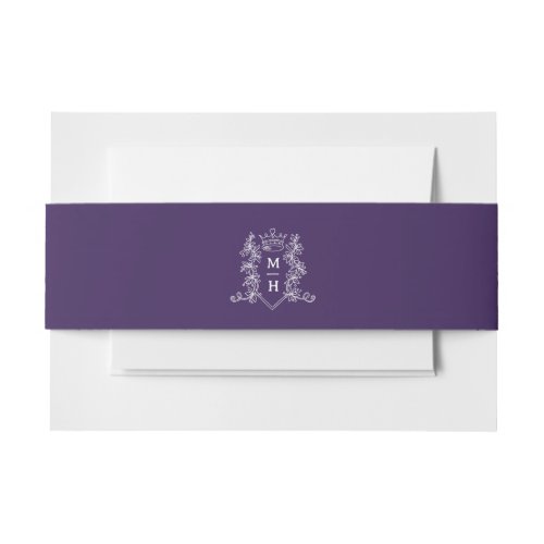 Heart crown monogram purple and white wedding invitation belly band