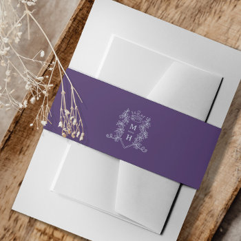 Heart Crown Monogram Silver And Purple Wedding Invitation Belly Band by mylittleedenweddings at Zazzle