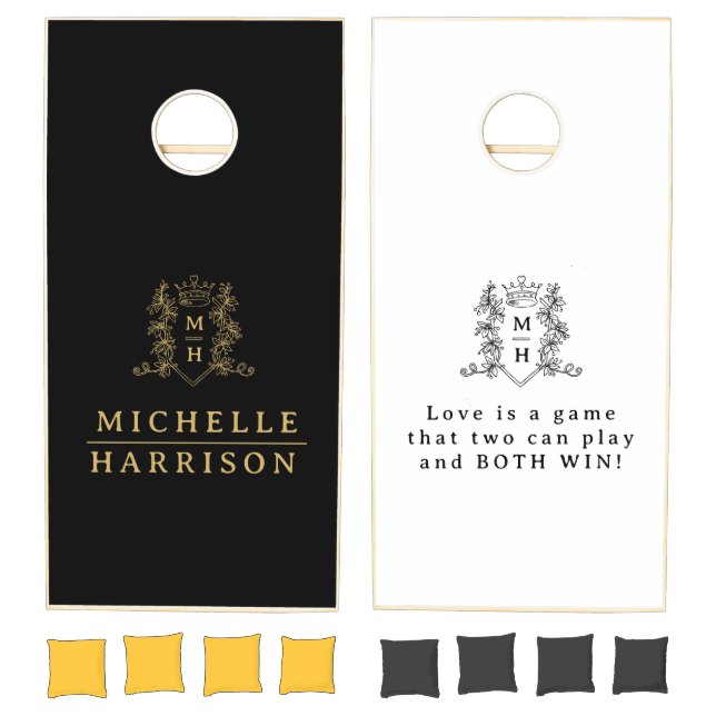 Heart crown monogram wedding black white gold cornhole set (Set)