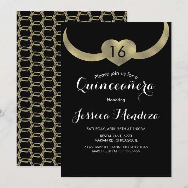 Heart Crown Quinceañera Sweet 16 Gold Foil  Invitation (Front/Back)