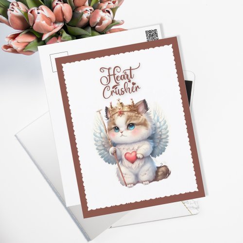 Heart Crusher Cute Chibi Angel Wing Cat Valentine Holiday Postcard