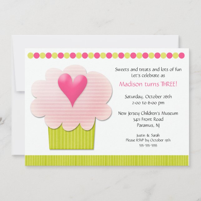 Heart CUPCAKE Birthday Party Invitation (Front)