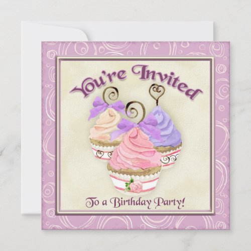 Heart Cupcake Trio Birthday Party Invitation