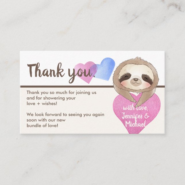 Heart Cute Baby Sloth Thank You Enclosure Card (Front)