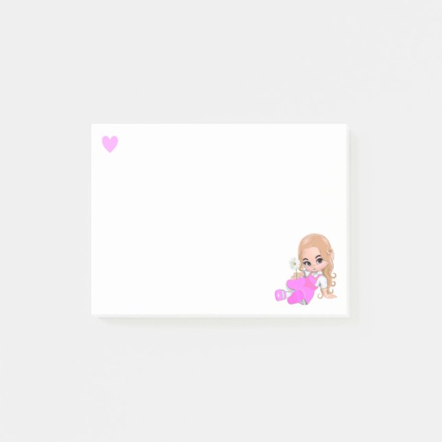 Heart & Cute Fairy with Daisy on White Post-it Notes (Front)