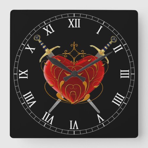 Heart  Daggers Square Roman Numerals Clock