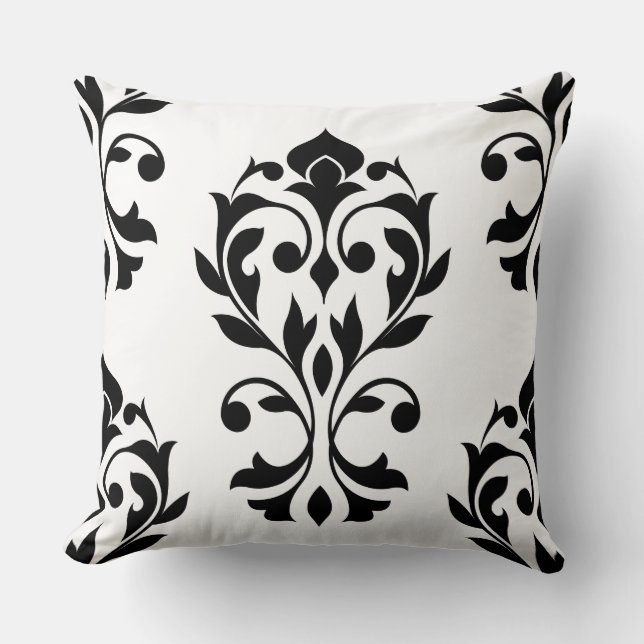 Heart Damask 2Way Lg Ptn II Black & White Throw Pillow (Front)