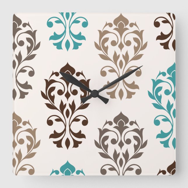 Heart Damask Art I Browns Teal Cream Square Wall Clock (Front)