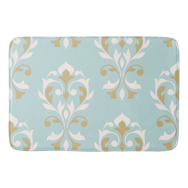 Heart Damask Art I Cream & Gold on Blue Bathroom Mat (Front)