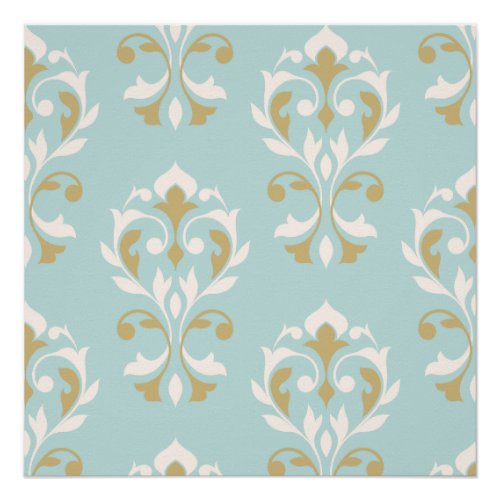 Heart Damask Art I Cream  Gold on Blue Poster