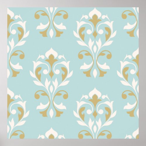 Heart Damask Art I Cream  Gold on Blue Poster