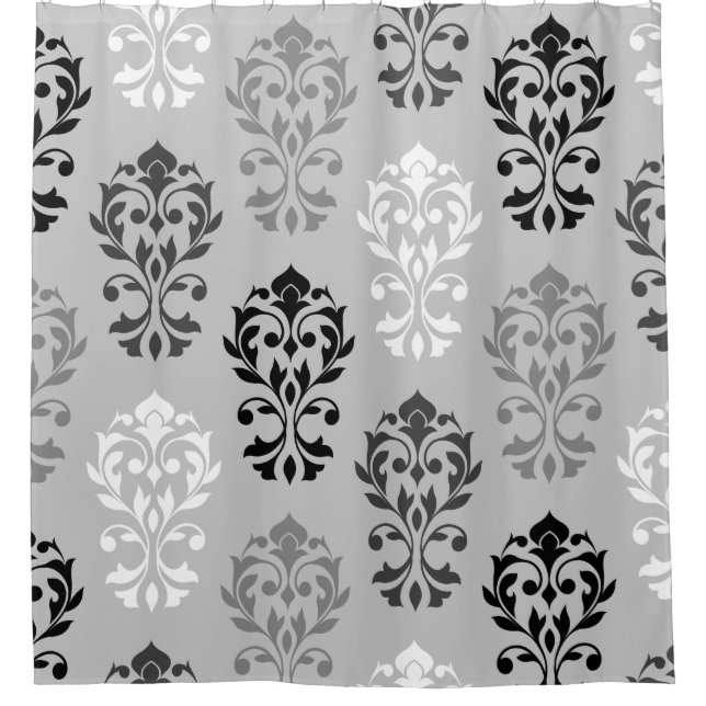 Heart Damask Art Ib Black Greys White Shower Curtain (Front)