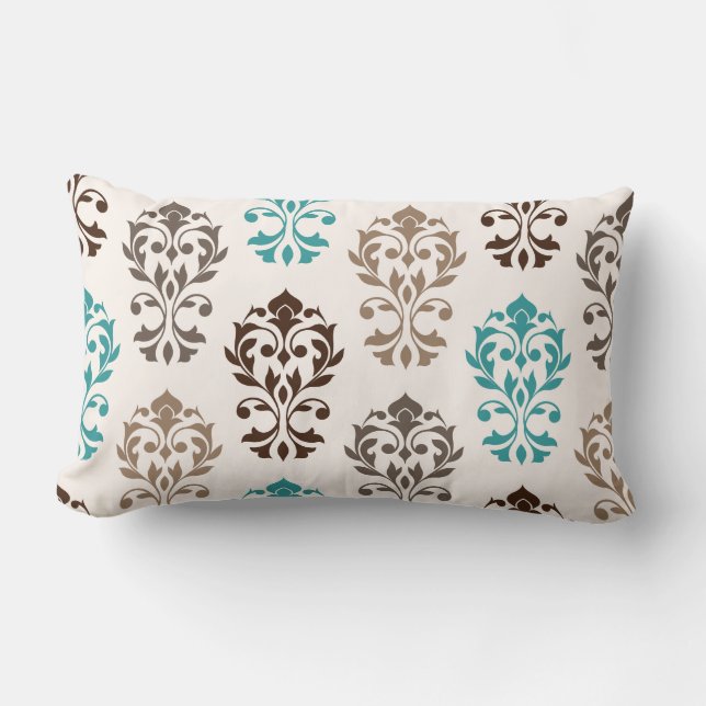 Heart Damask Art Ib Browns Teal Cream Lumbar Pillow (Front)