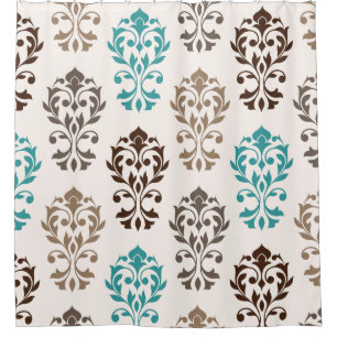 Heart Damask Art Ib Browns Teal Cream Shower Curtain