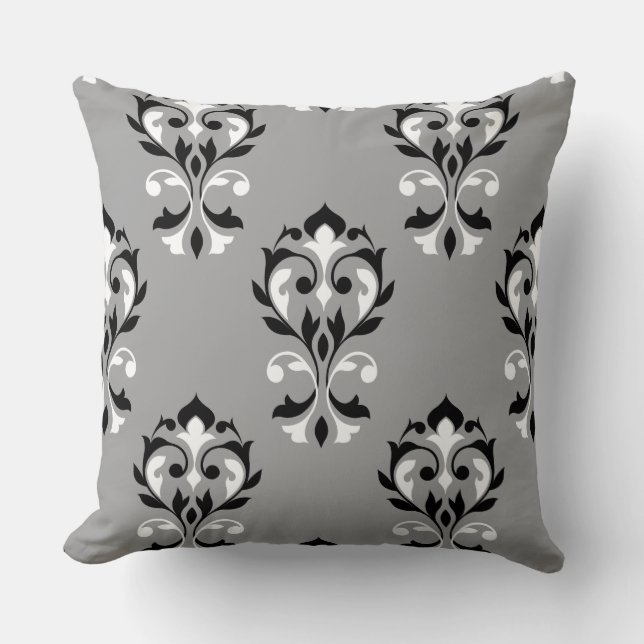 Heart Damask Big Ptn Black & White on Grey Throw Pillow (Front)