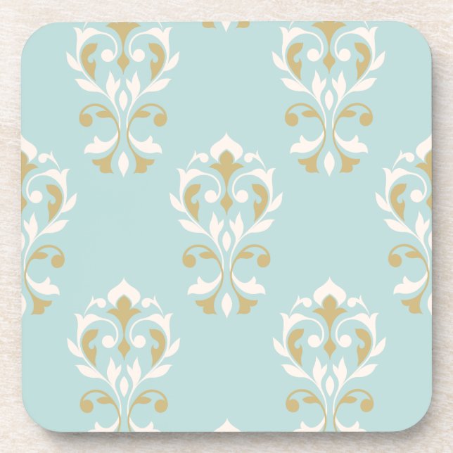 Heart Damask Big Ptn Cream & Gold on Blue Beverage Coaster (Front)