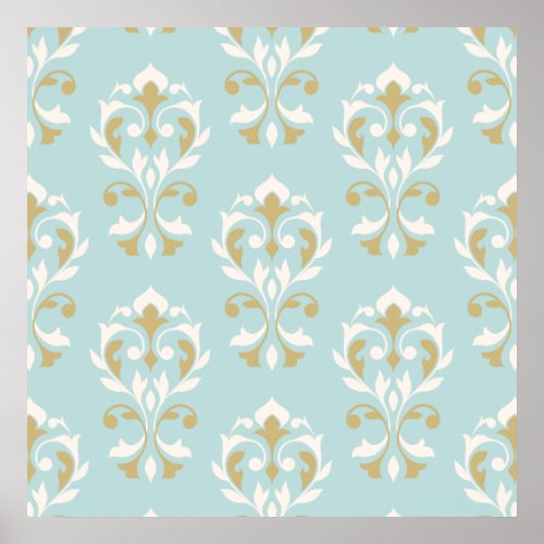 Heart Damask Big Ptn II Cream  Gold on Blue Poster