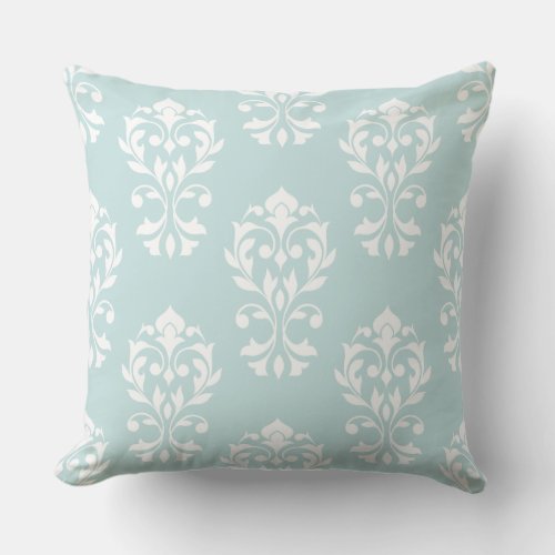 Heart Damask Big Ptn II White on Duck Egg Blue Throw Pillow