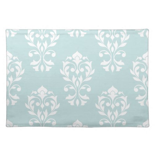 Heart Damask Lg Ptn II White on Duck Egg Blue Cloth Placemat