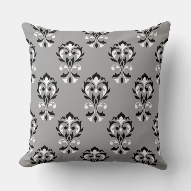 Heart Damask Ptn Black & White on Grey Throw Pillow (Front)