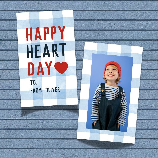 Heart Day Blue Gingham Valentine's Classroom Card (Share this Happy Heart Day Blue Gingham Valentine's Classroom Note Card! )