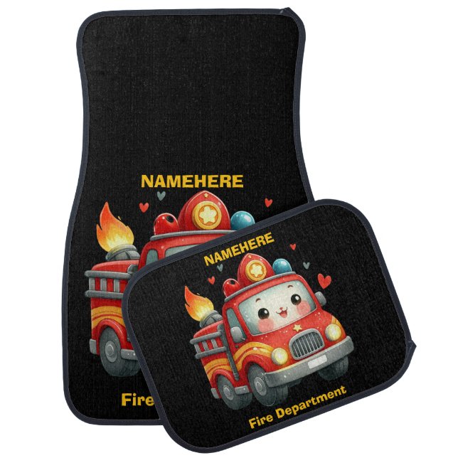 Heart-decorated cartoon firetruck car floor mat (Set)