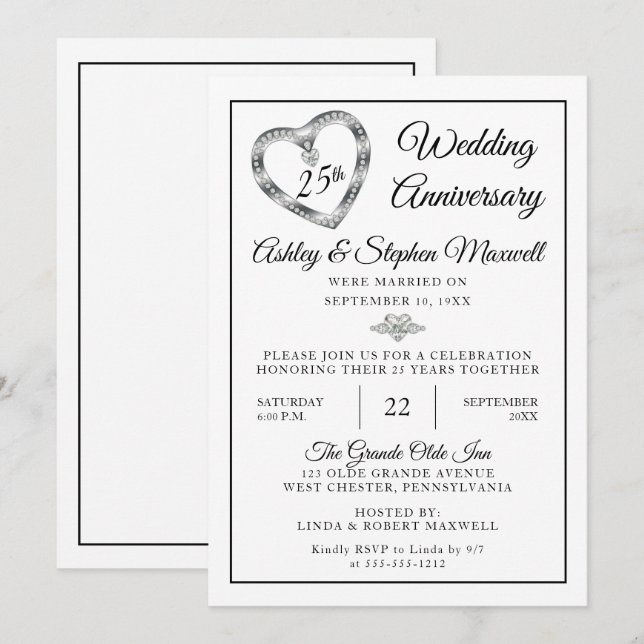 Heart Diamonds 25th Wedding Anniversary Party Invitation (Front/Back)
