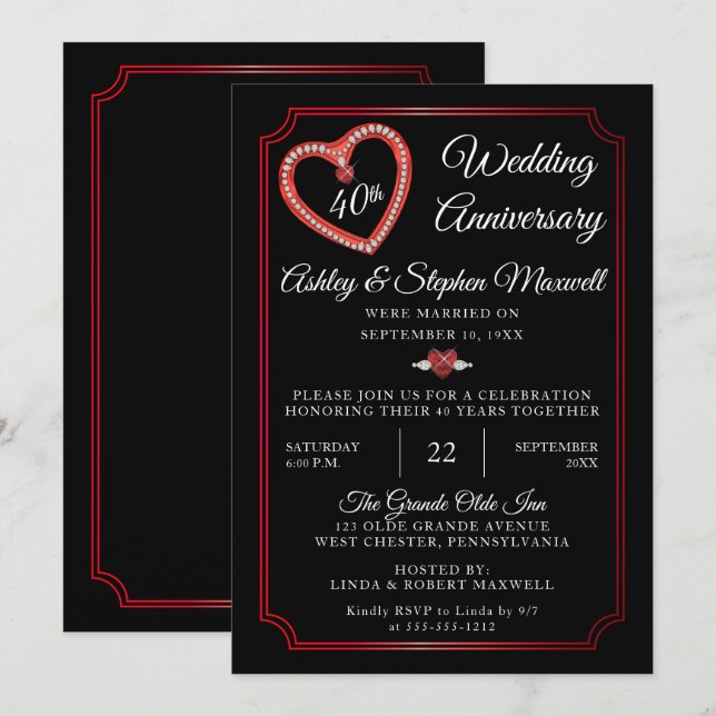 Heart Diamonds 40th Wedding Anniversary Party Invitation (Front/Back)