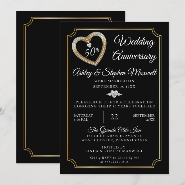 Heart Diamonds 50th Wedding Anniversary Party Invitation (Front/Back)